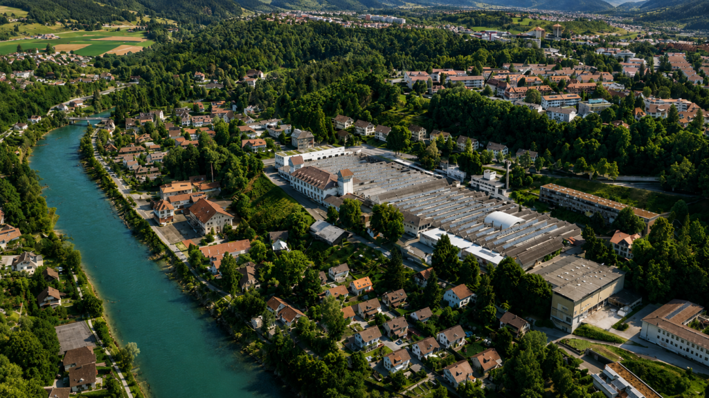 Luftaufnahme des Gewerbeparks Felsenau in Bern und seiner Umgebung